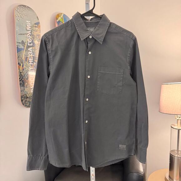 Vintage Stussy Button up Long sleeve Shirt Sz M Grey - Picture 1 of 6